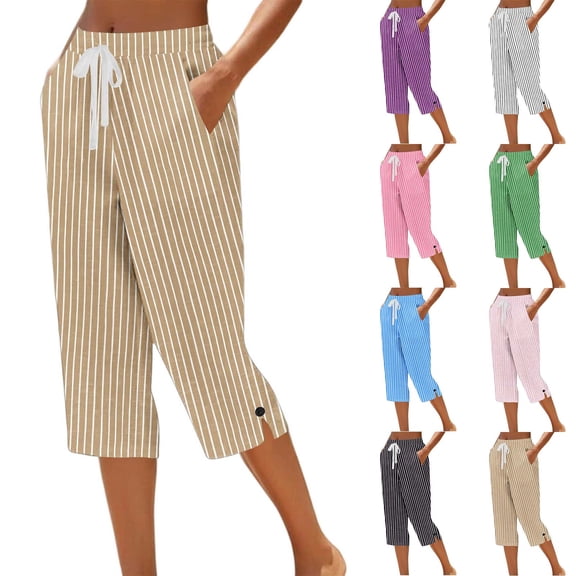 Women's Cotton Loose Straight Pants with Pockets, Mid Elastic Waist Drawstring, Side Slits Buttoned, Casual Business Beach Lounge Capri Pants | VerBelle,Black L