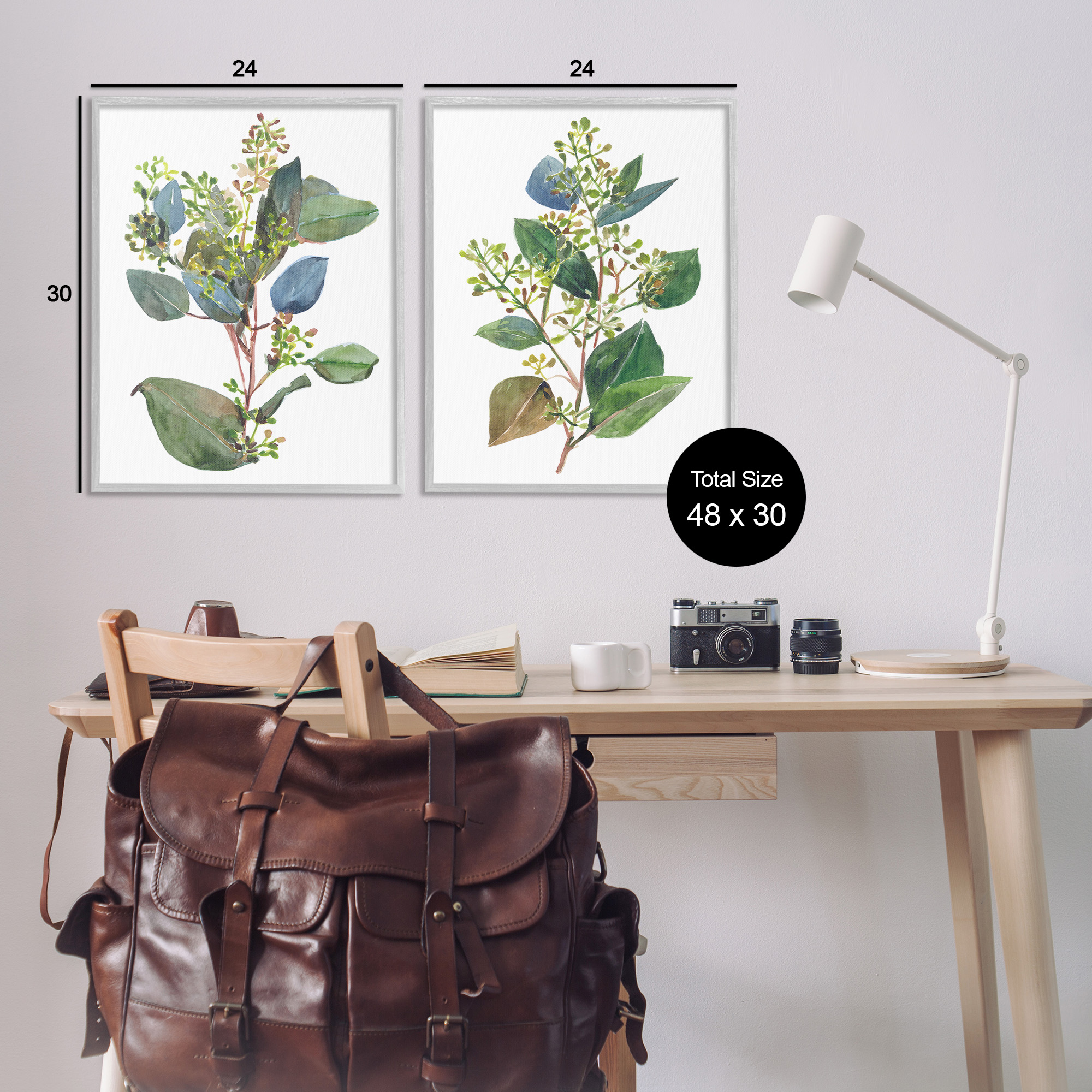 Stupell Industries Soft Eucalyptus Plant Ombre Leaves Botanical & Floral Painting Gray Framed Art Print Wall Art, 24 x 30, Set of 2