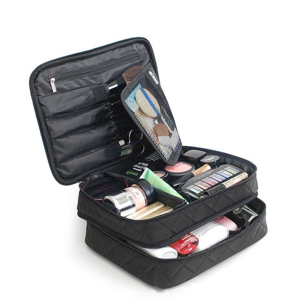 Estuche de maquillaje de viaje - Bolsas de cosméticos de doble capa - Dos espacios para guardar sus cosméticos - Estuche de maquillaje portátil multifunción para mujer (negro)