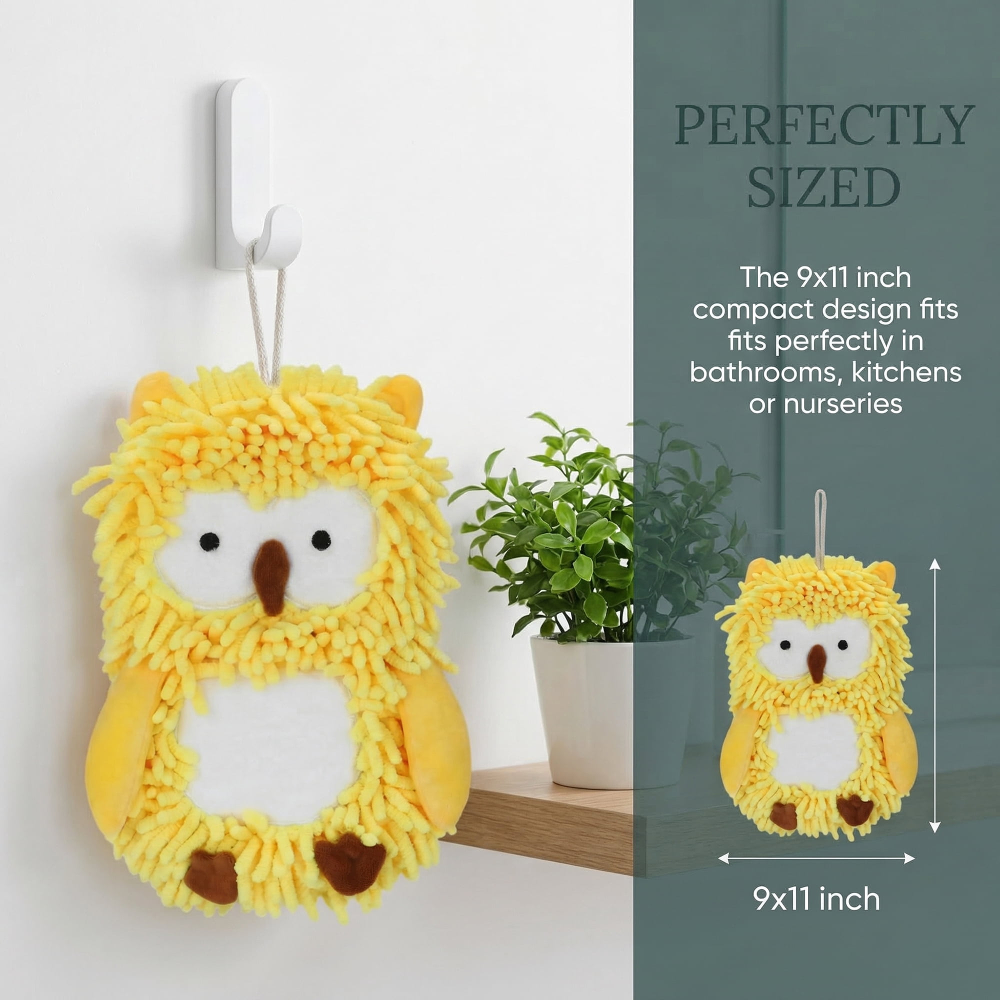 Unique Bargains Cute Owl Shaped Soft Chenille Hanging Hand Towels Yellow 11" x 9"