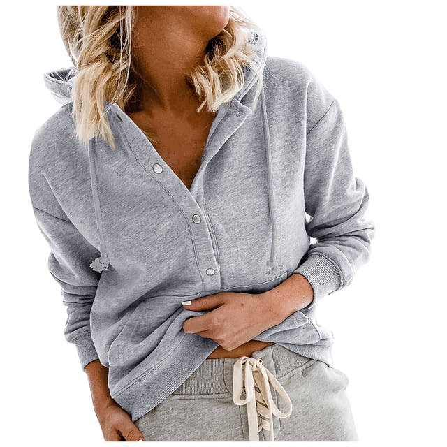 Sweat à Capuche pour Femmes Boutons Solides Poches Pull Manches Longues Blouse Tops