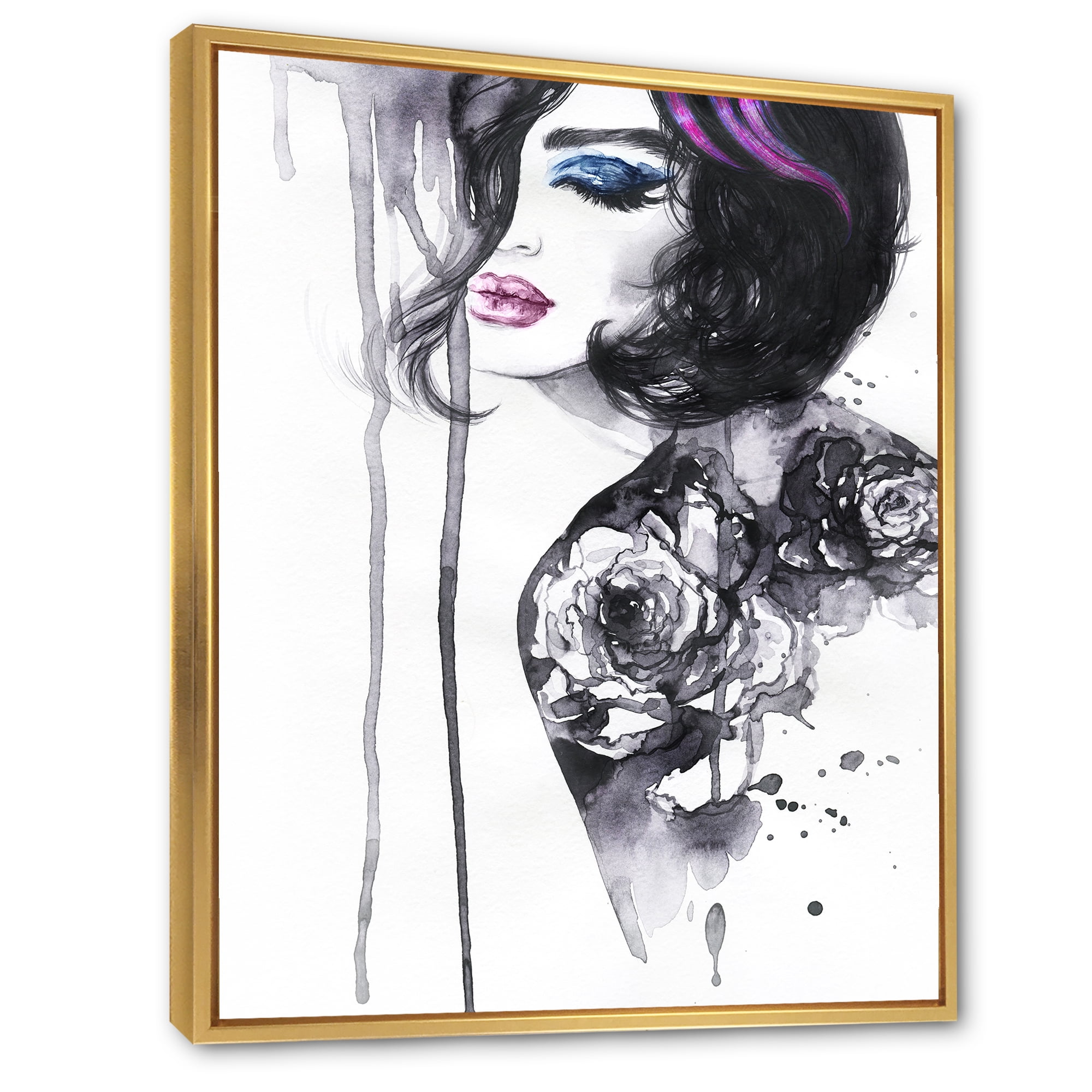 Designart 'Monochrome Female Portrait With Colorful Makeup' Modern Framed Canvas Wall Art Print