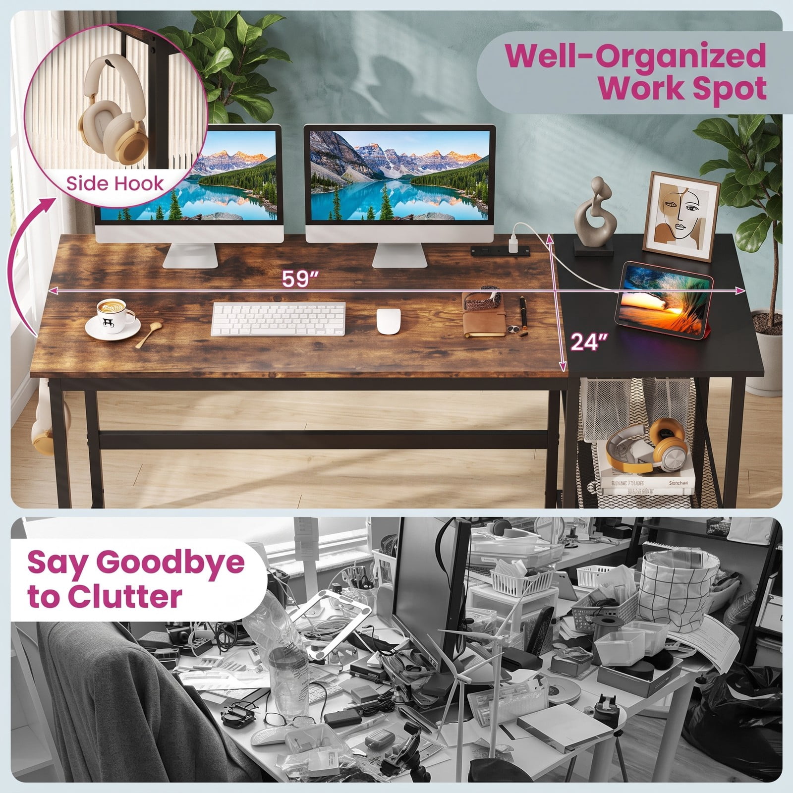 Furnibear 59 Inch Computer Desk with Charging Station, Home Office Writing Desk with 2-Tier Storage Shelves, Metal Frame Study Desk with USB &, Black & Rustic Brown