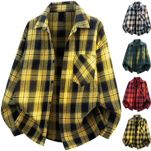 Mens Flannel Plaid Shacket Long Sleeve Button Down Shirt Jacket Overshirt with Chest Pocket for Cozy Fall Winter Layering Daily Wear, Yellow, XXXL