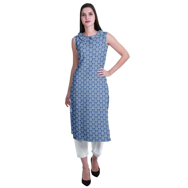 Moomaya Peter Pan Kurta Sans Manches avec Col et Pantalon Ensemble Ethnique 2 Pcs pour Femmes