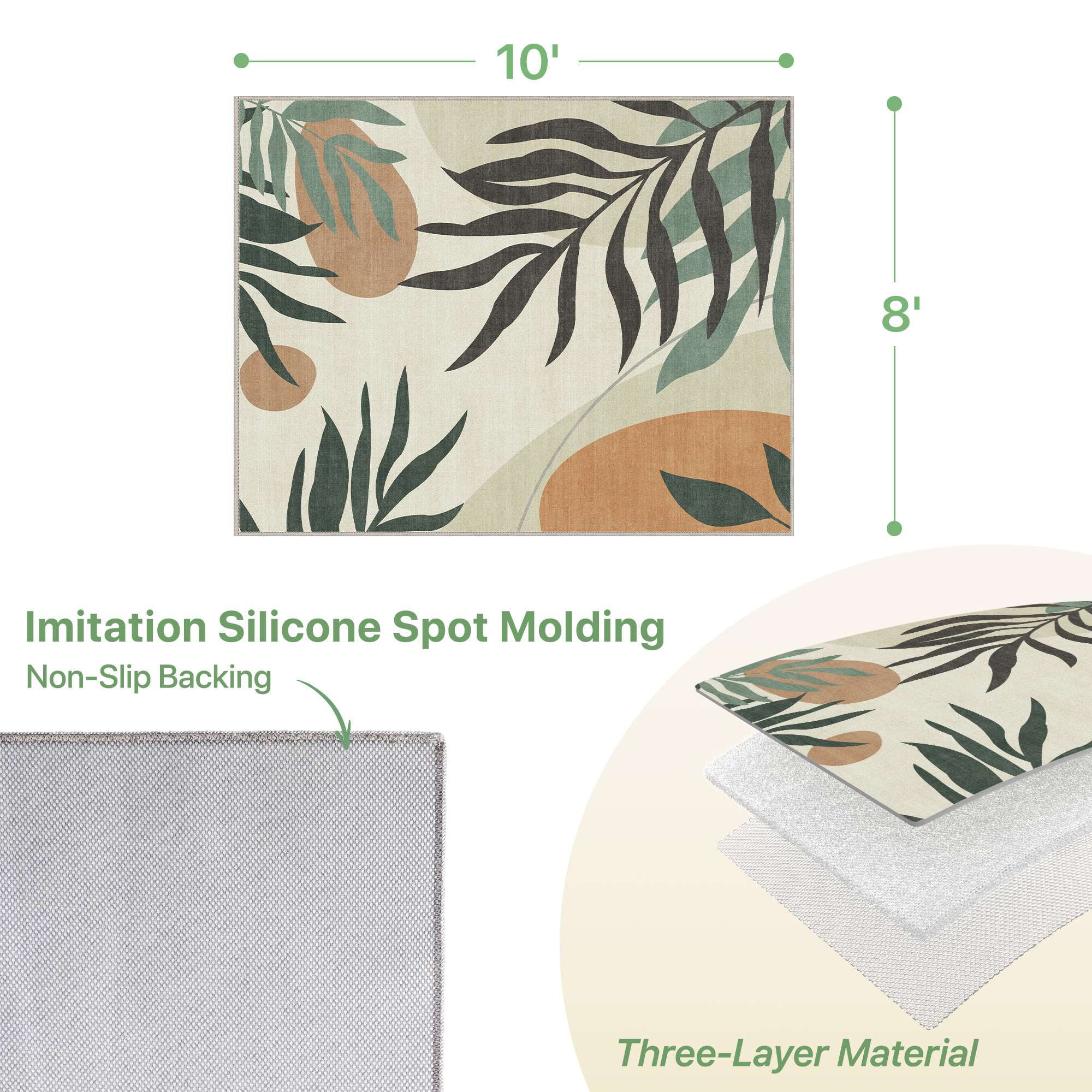 DEORAB Outdoor Rug 8'X10' Chenille Patio Carpet Three-Layer Material Imitation Silicone Spot Molding Camping Outside RV Mat,Beige&Green