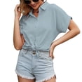 thumbnail image 2 of Blusa de manga corta con botones de color liso para mujer, blusa de manga corta con botones de color liso, blusa de manga corta sin costuras, 2 of 5