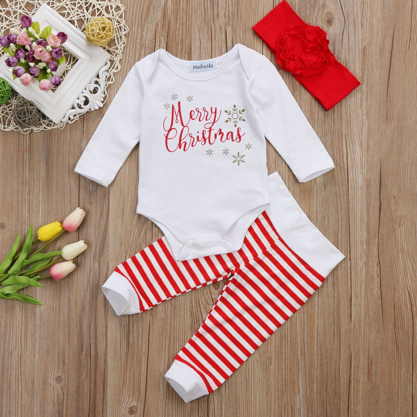 Xmas Newborn Baby Infant Girl Christmas Romper Pants Headband Outfit