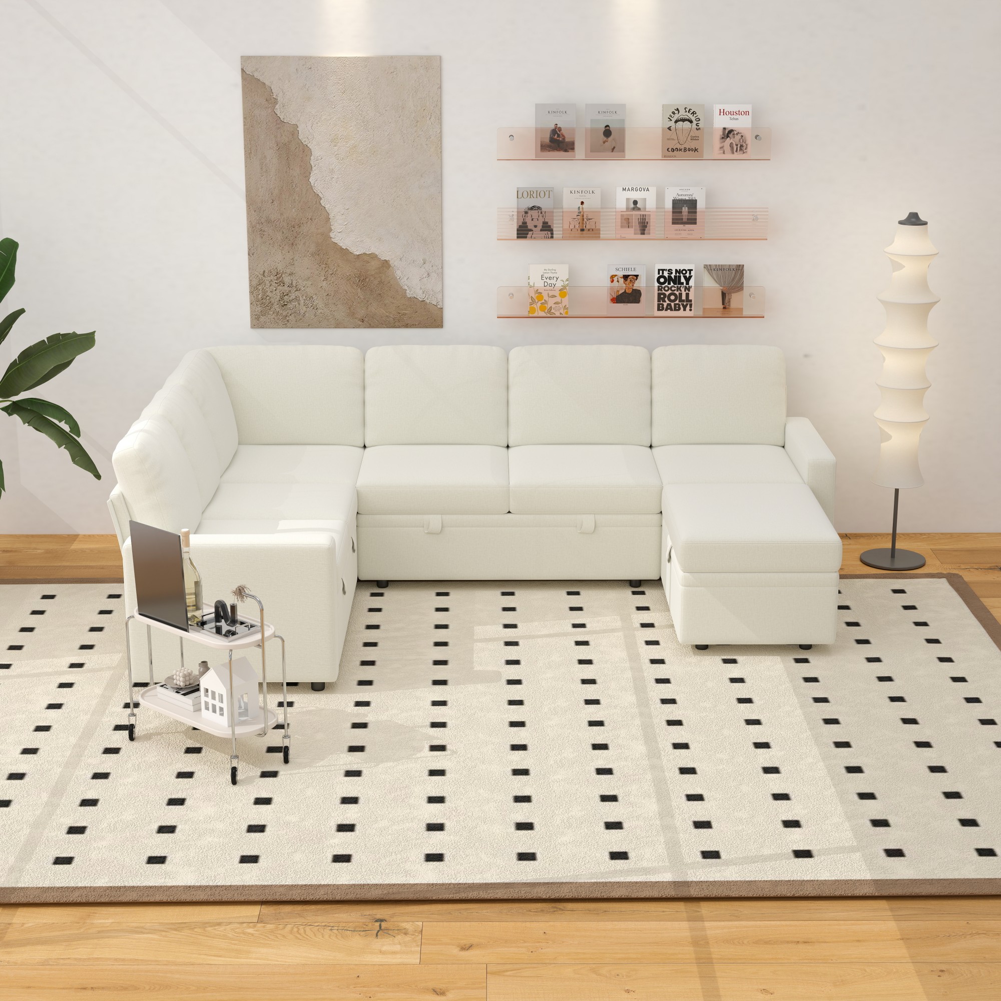 Gewnee 6-Seater Beige L-Shaped Convertible Sofa - Skin-Friendly & Wear-Resistant Chenille Fabric, Multifunctional Storage, for Living Rooms & Halls（including 1 footstool）