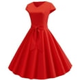 thumbnail image 3 of Red Casual Dresses Vintage V Neck Short Sleeve Solid Color Casual Dress Cocktail Evening Dress Summer Dresses for Women 2024, 3 of 5