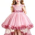 thumbnail image 2 of Girls Mini Gown Sequin Embroidery Flower Ruffle Sleeve Cinched A-Line Tutu Princess Dress Kids Elegant Fluffy Mesh Layered Dresses Pink 11-12 Years, 2 of 7