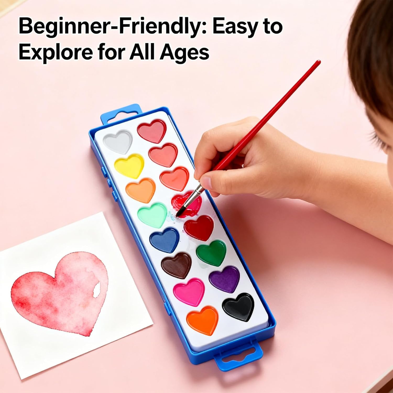 Valentine’s Day Mini Watercolor Paint Sets, Valentine Watercolor Set, Washable Mini Heart Water Color Paint for Valentine’s Day with Brushers (8colors 4pcs)