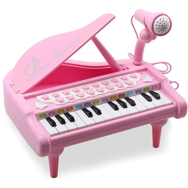 Piano para niños - Piano rosa para niñas - Teclado de piano para bebés de 1 a 2 años - Piano de juguete electrónico de 24 teclas para niños con micrófono