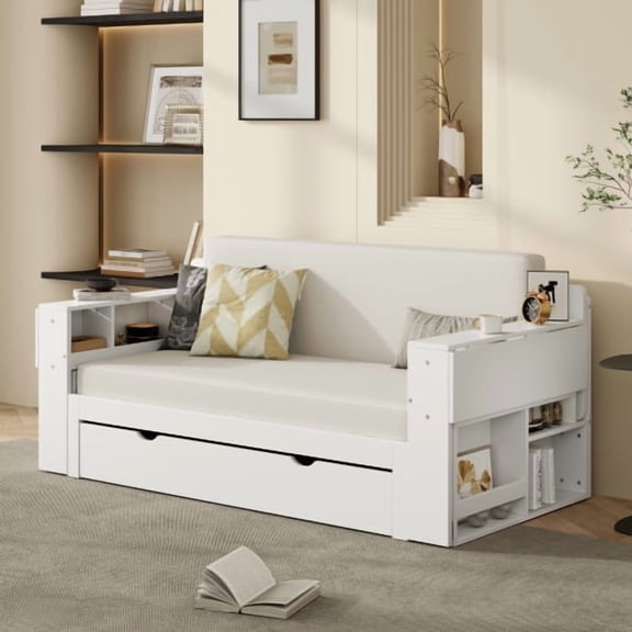 Queen Size Daybed with Removable Desk, Storage Drawers & Hydraulic Side Table, Espresso