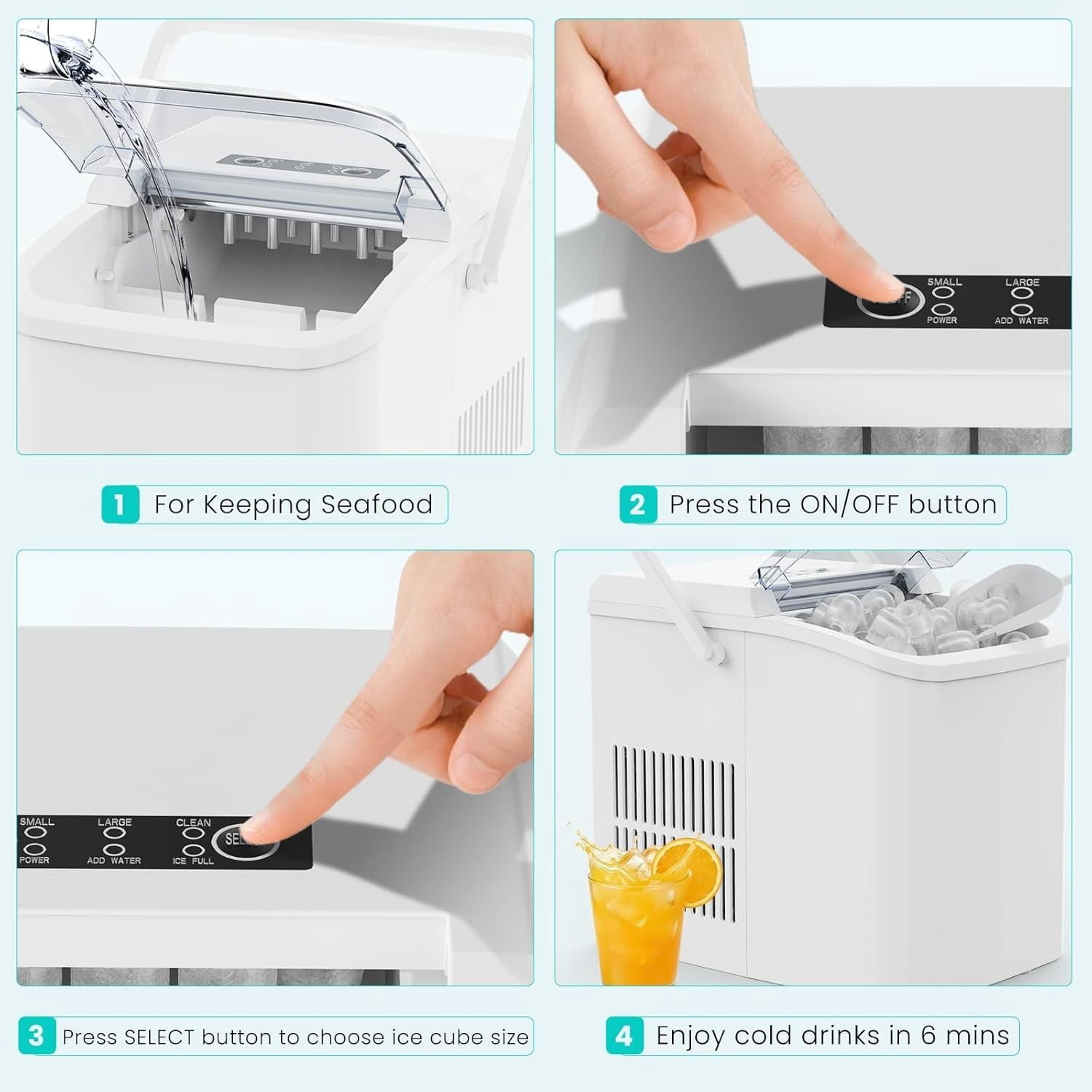 Ice Maker Machine with Handle, Auto-Cleaning Portable Ice Maker with Basket & Scoop, 26lbs in 24Hrs & 9 Ice Cubes in 6 Mins, 2 Ice Cube Sizes, for Home Party Camping RV, White