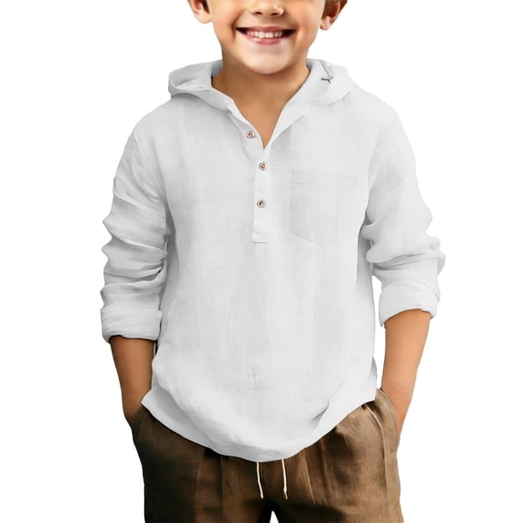 Teen Boys Soft Cotton Hooded Shirts Casual Long Sleeve Button down Shirt for Kids Summer Comfy Tops with Pocket Plain Clothes