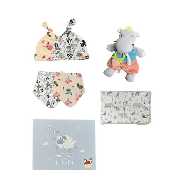 Newborn Gift Box - Blanket, 5 Pack of Socks, Bibs, Handmade Hippo Toy, and Gift Box Included