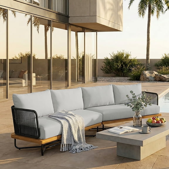Christopher Knight Home 2-Piece Outdoor Wooden Rope Woven Sectional Sofa with Cushions, Black Light Gray