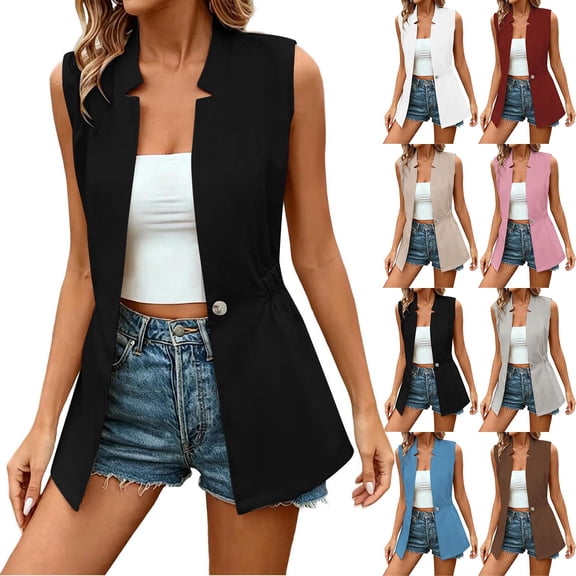 Noric Women Sleeveless Notch Lapel Long Waistcoat Single Button Gathered Waist Suit Vest Relaxed Fit Pocket Office Casual Layering Outerwear