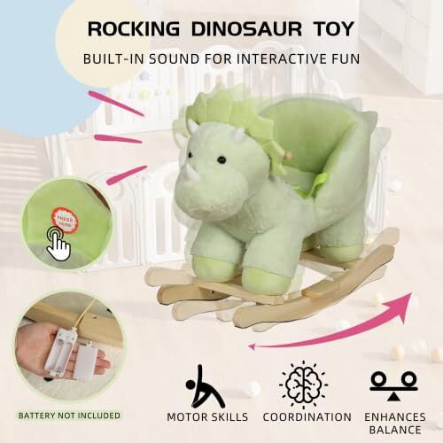 DIPU-Home Dinosaur Ride-On Rocking with Lullaby Song, Hand Puppets, Safety Belt, Plush Rocking Horse for Ages 1-3, Interactive Kids Rocker, Green