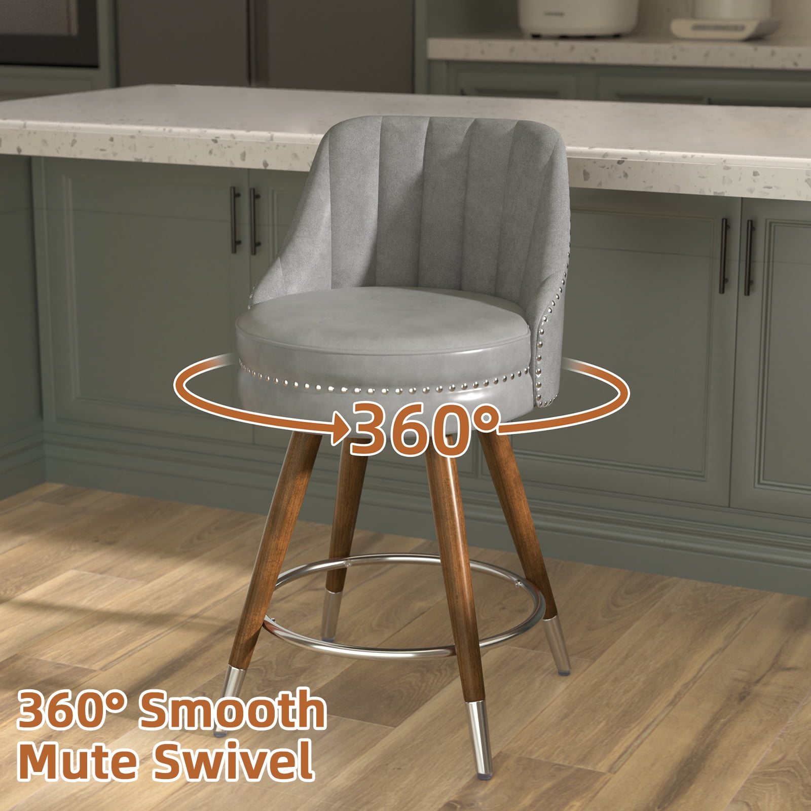 Ninecer 24" Swivel Counter Height Chairs, Modern PU Leather Bar Stools set of 2 with Thick Cushion and Footrest, Gray
