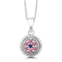 Gem Stone King 925 Sterling Silver ng Silver Pink Lab Grown Diamond and Blue Created Sapphire Round Pendant Necklace for Women (0.35 Cttw, with 18 inch Chain)