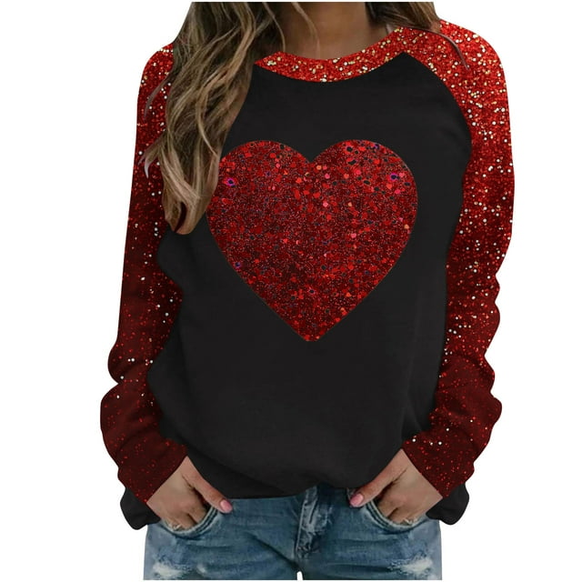 Penkiiy T-Shirt Décontracté à Col Rond pour Femmes, Manches Longues, Mignon, Tendance, Grande Taille, Imprimé Cœur, S Rouge