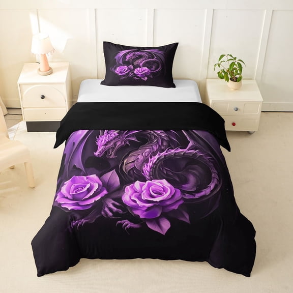 Feelyou Mystic Rose Dragon Twin Bedding for Men Boys, Gothic Wing Wildlife Duvet Cover Set, Black Purple, Black Reversible, 1 Duvet Cover and 1 Pillowcase (No Comforter)