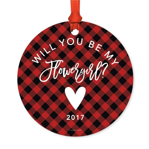 Wedding Metal Christmas Ornament, Will You Be My Flowergirl?, Red Plaid, Includes Ribbon and Gift Bag