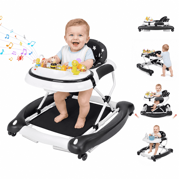 PRVAETU 5 in 1 Baby Walker (Walk,Jumper,Rocking,Push,Bouncer) for Boys Girls,Foldable,Music & Light,Height Adjustable,Wheel for Infant Babies,Blackstar