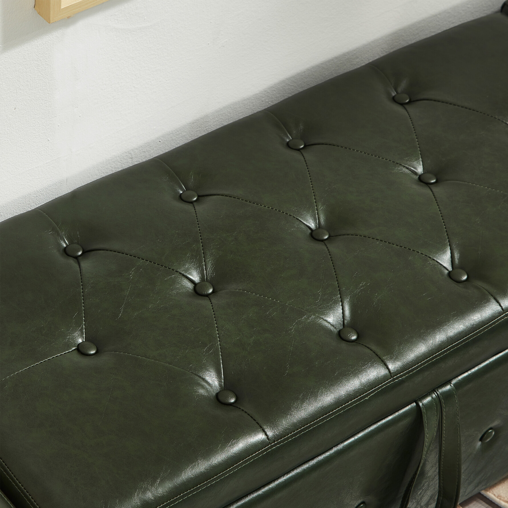 48" Storage Ottoman Bench, Upholstered Faux Leather Entryway Bench with Seating, Tufted Large End of Bed Ottomans for Living Room, Bedroom, Holds up to 300 lb, Dark Green
