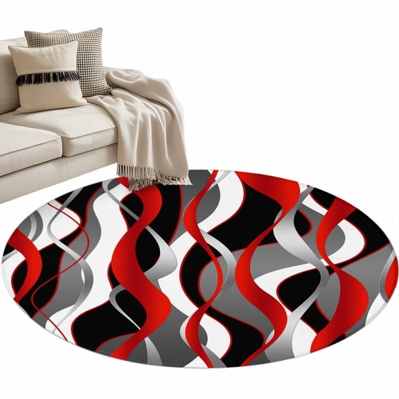 Round Area Rug 4ft Red Black Lines Floor Carpets Indoor Floor Area Mat Stain-Proof Mat Circle Rugs for Living Room Dining Room Kitchen Bedroom, Modern Abstract Stripes Sofa Throw Carpet