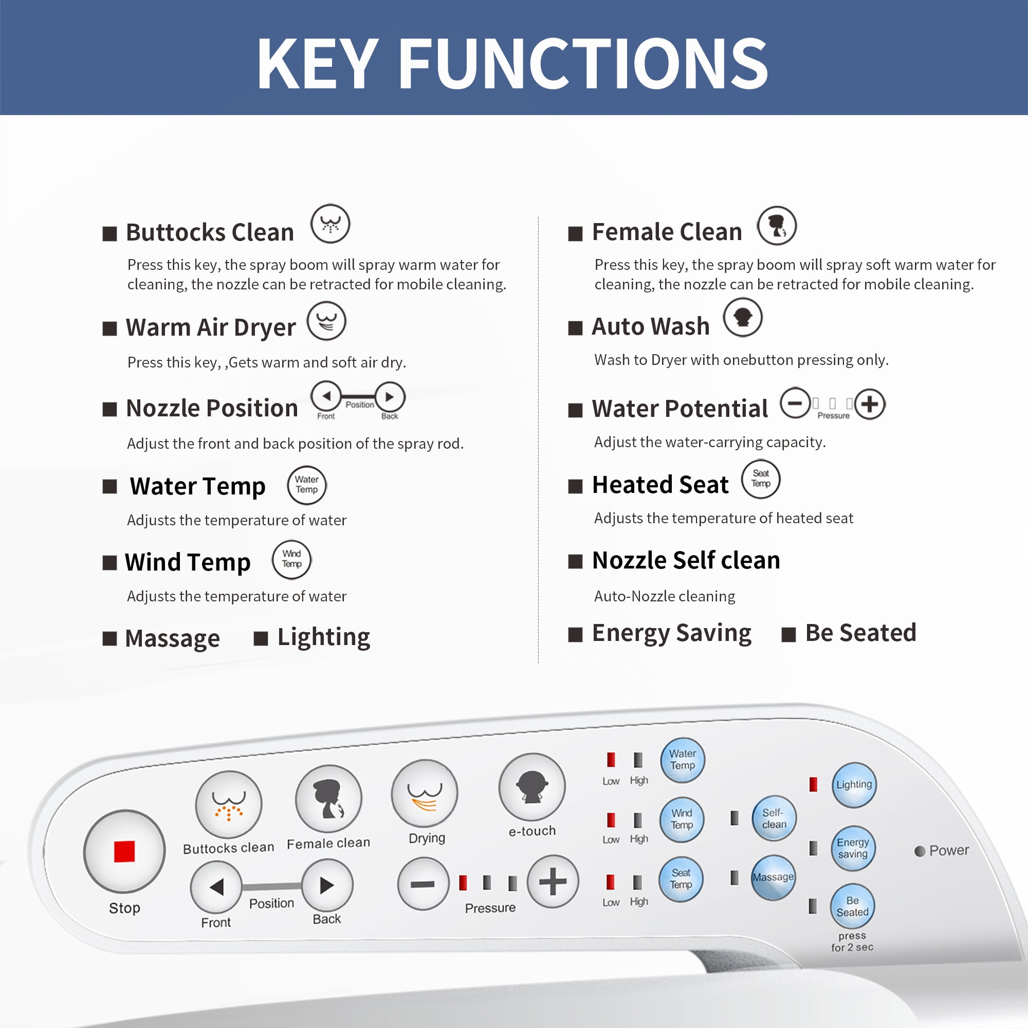 Kerde Smart Electronic Bidet Toilet Seat with Heated Seat and Dryer, Elongated White