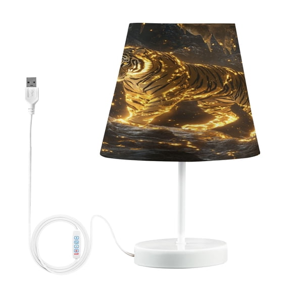 WOBOGO Golden Tiger Table Lamps Bedroom 3-Speed Dimmable Farm Style with Fabric Shade for Reading and Home Office