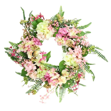 Spring Foliage - Pink and Yellow Hydrangea Artificial Spring Wreath with Green Foliage 20-Inch