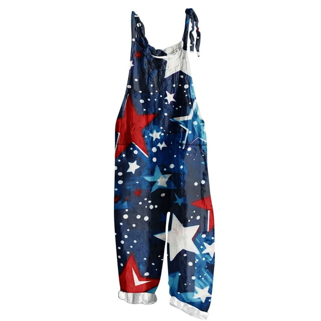 Combinaison Sans Manches Imprimée pour la Fête de l'Indépendance pour Femmes, Combinaison Décontractée en Polyester à Deux Poches, Longueur Régulière, Bleu, Lavage à la Main Froid