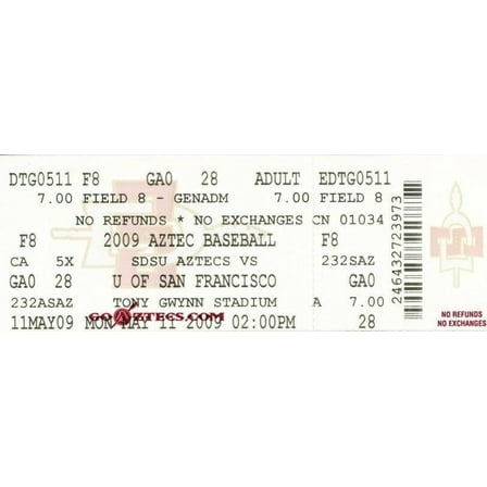 2009 San Diego State Aztecs baseball game ticket Stephen Strasburg last home game