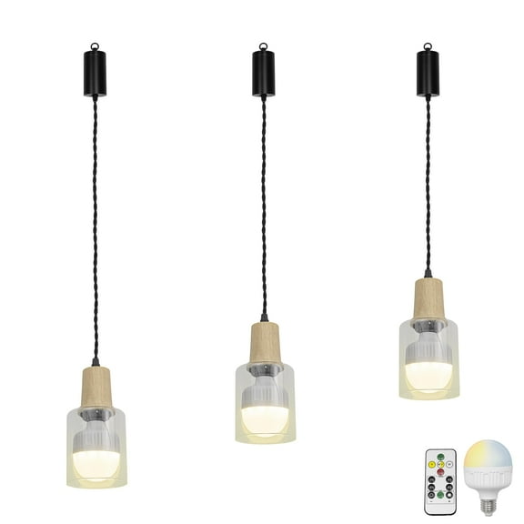 KAYYELAMP 3Pcs Remote Dimmable Rechargeable Battery 3.9Ft Adjustable Height Pendant Light Wood Base Clear Glass Shade Modern Design for Home Kitchen Bedroom