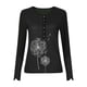 thumbnail image 5 of Mujeres dientes de león impresión encaje costura manga larga o-cuello camisas blusa Tops Fridja hj3184, 5 of 7