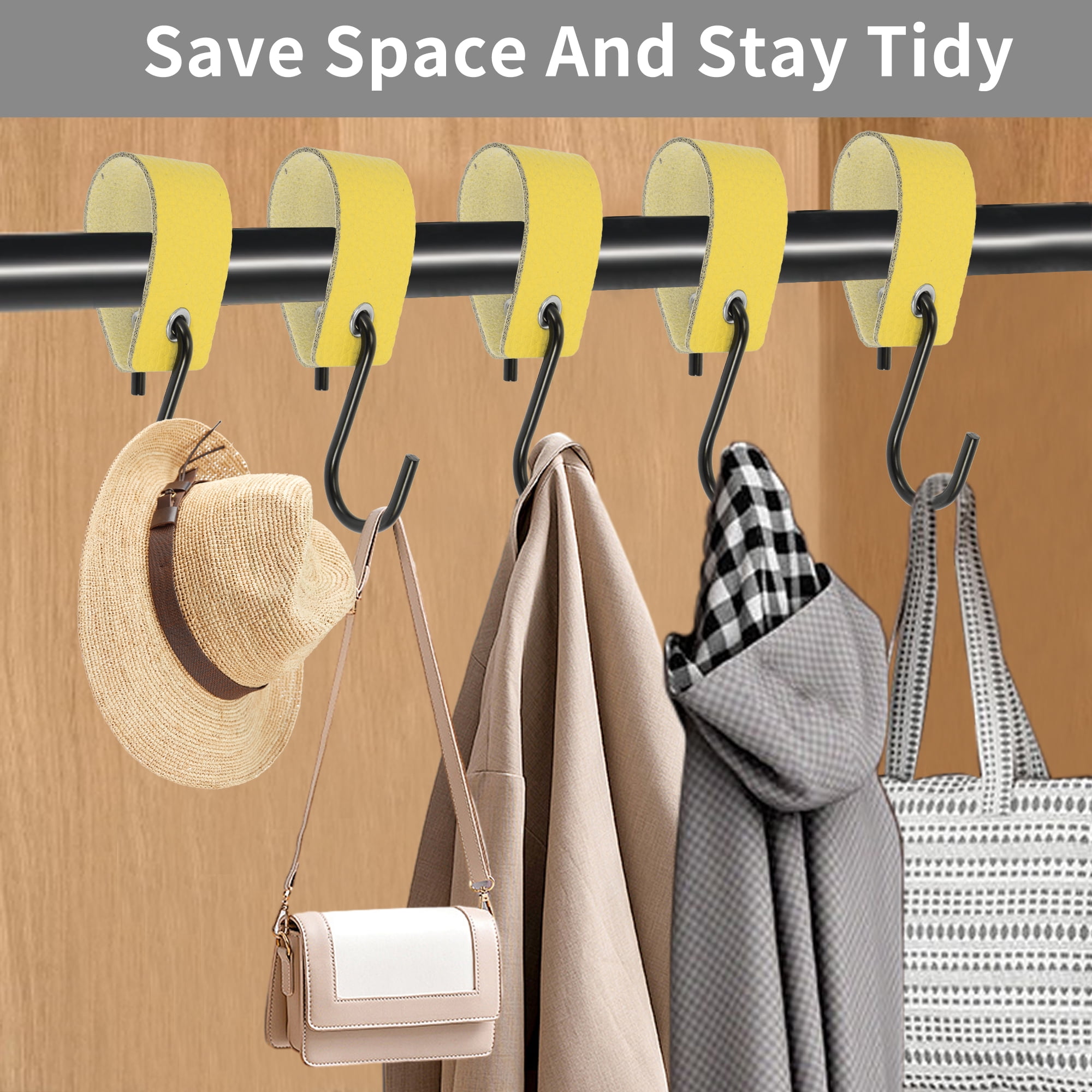 Unique Bargains Pack of 5 S Hooks with Leather Loop for Wardrobe Yellow