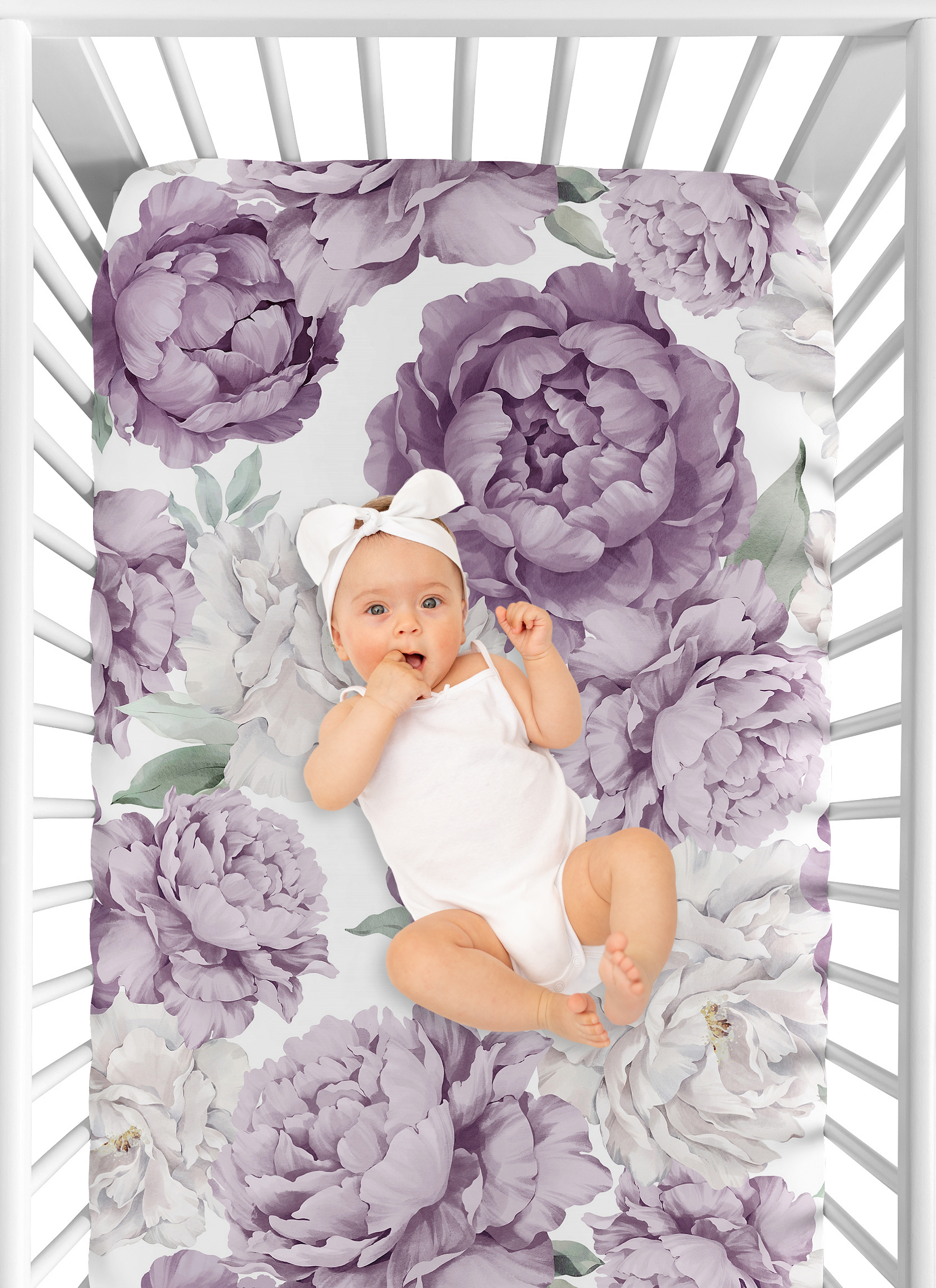 Sweet Jojo Designs Peony Floral Garden Purple Ivory Fitted Crib Sheet
