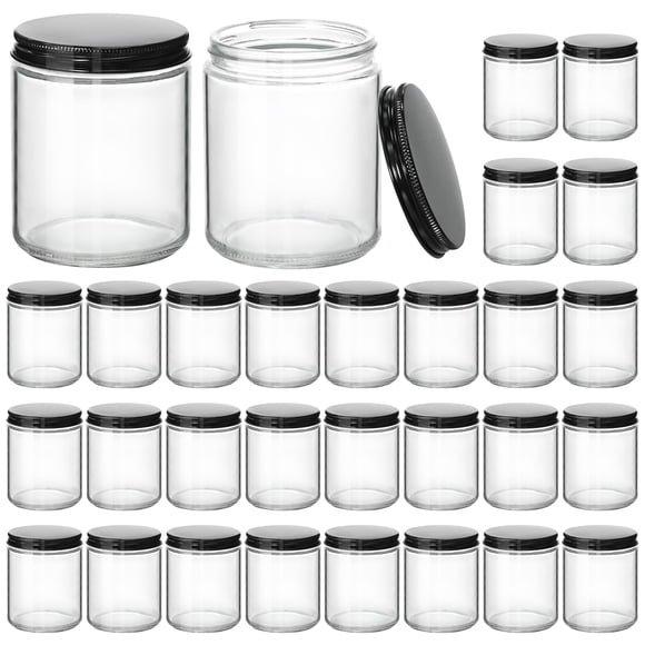 Tarros para velas KEYWING, paquete de 30 unidades, 240 ml, vidrio transparente con tapas negras