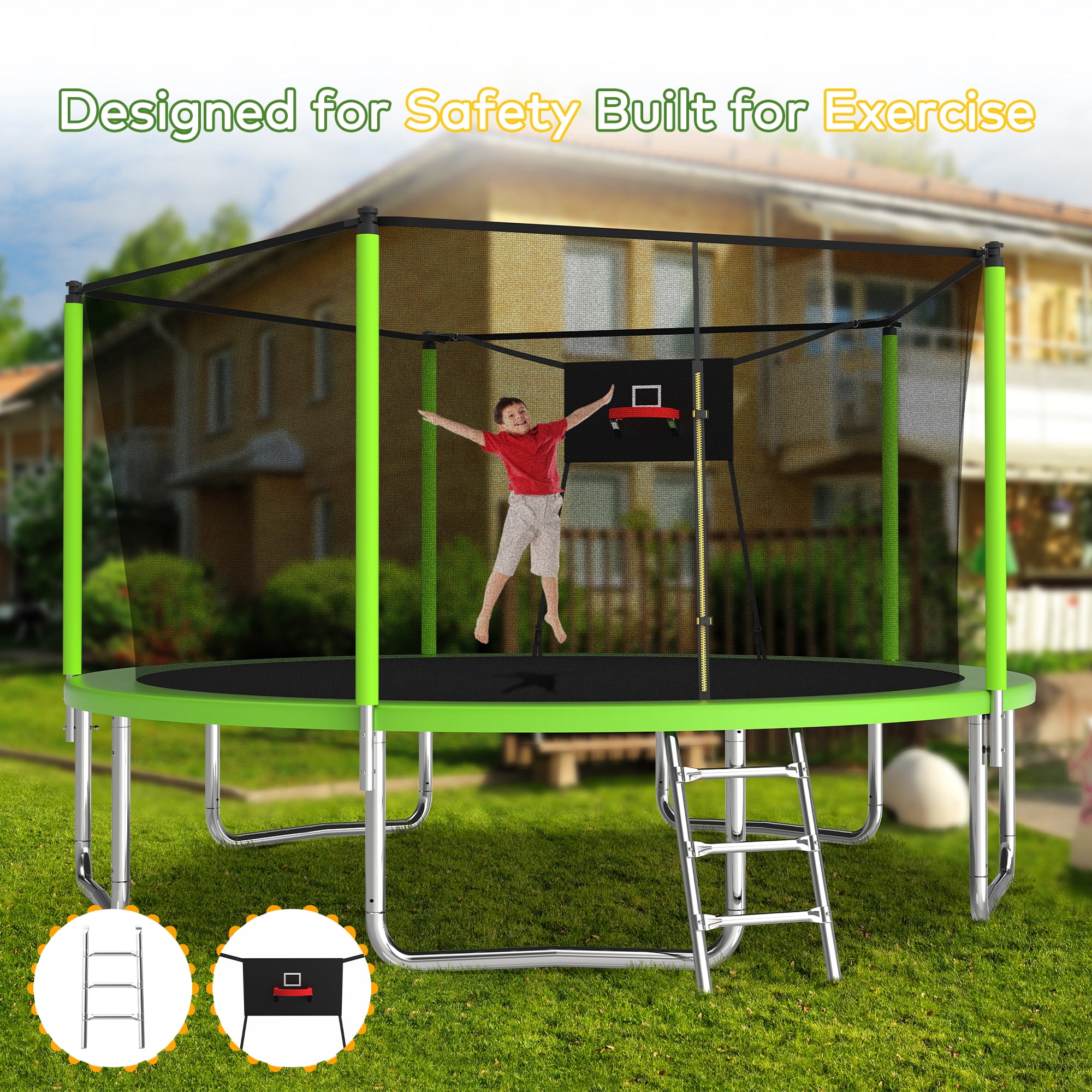 Leumius 14ft Trampoline with Basketball Hoop,Outdoor Trampoline with with Enclosure Net,Heavy-Duty Backyard Trampoline for Adults and Kids,Green