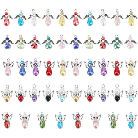 60pcs 5 Style Angel Wing Charm Dangle Charms Pendants Pearl Beads Glass Drop Beads with Silver Alloy Bead Cap