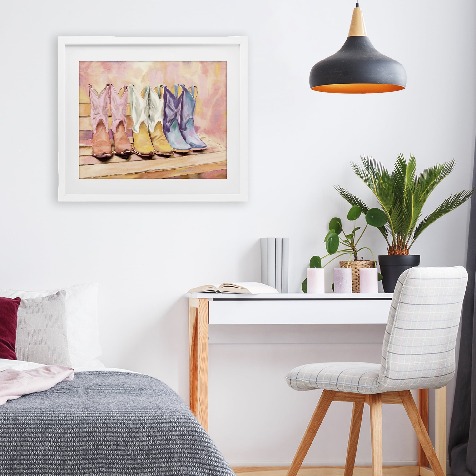 Painted Boots Trio White Framed Print Under Glass, design by Kim Allen