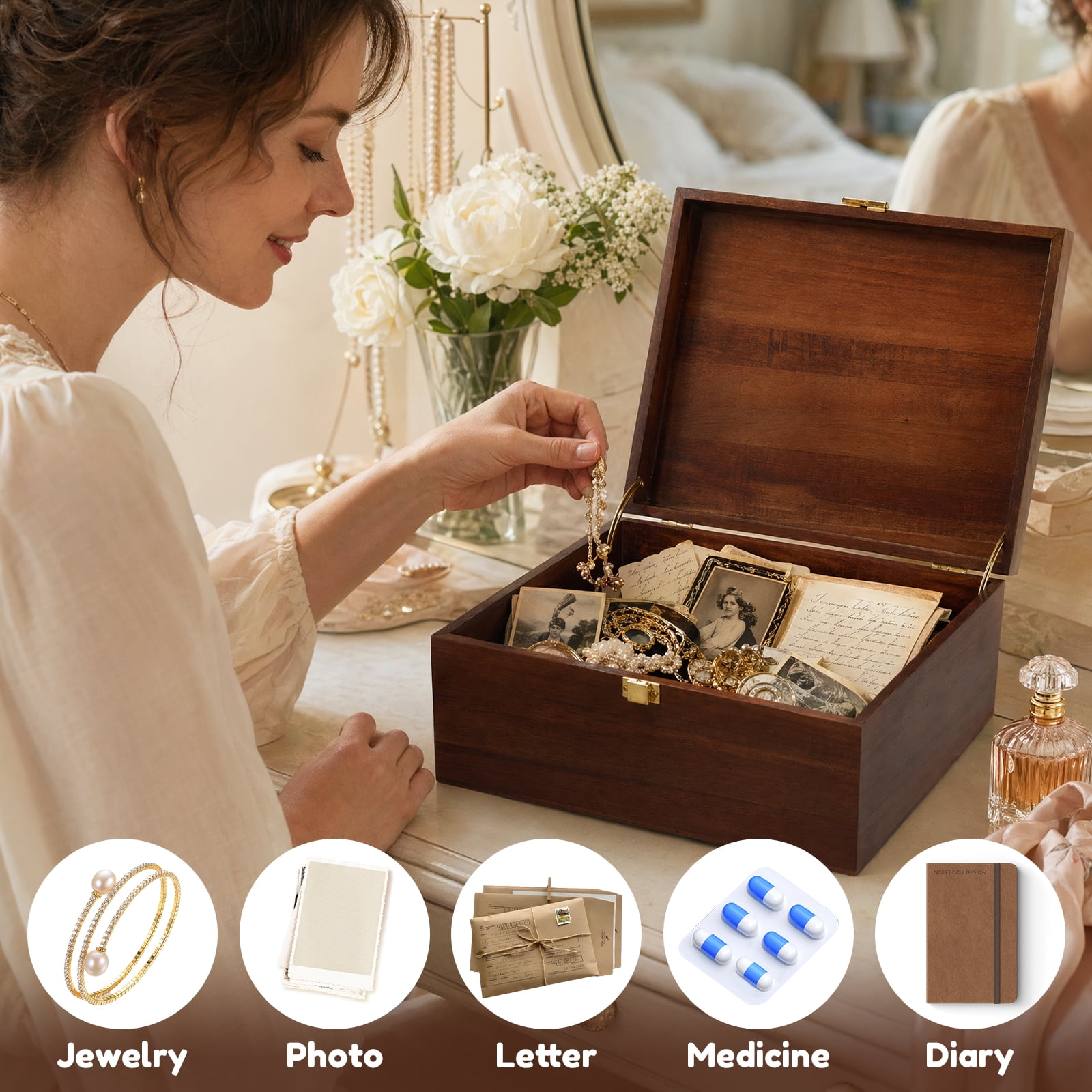 Grusce Wood Storage Keepsake Box with Hinge Lid, Decorative Wooden Keepsake Chest Box, Large Acacia Memory Box, Jewelry Organizer Box for Crafts Sewing Keepsake Home Office and Photo Storage