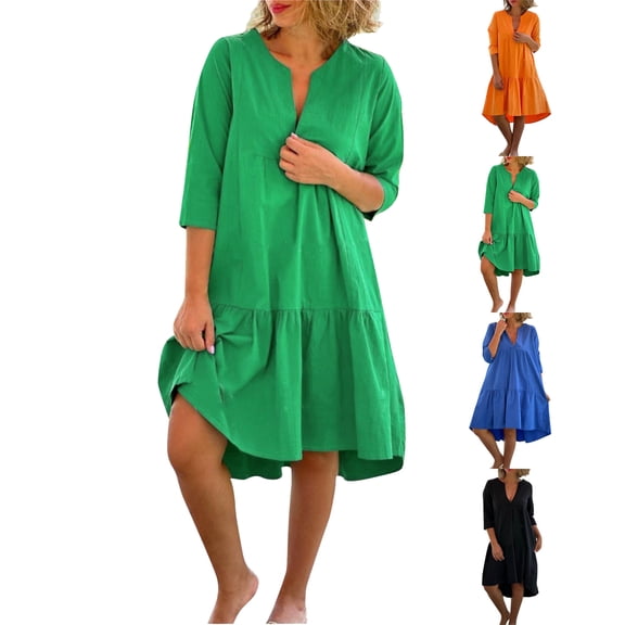 Women's Fashion Casual Solid Color V-neck Linen Plus Size Long Dress