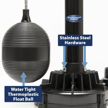 Superior Pump 92333 Multi Use Utility Sump Water Pump, 120 V, 0.33 Hp, 1-1/4 in Outlet, 50 Gpm, Thermoplastic - Black