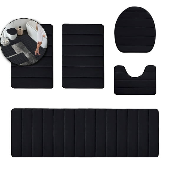 VQPeo Memory Foam Bathroom Rugs Sets 5 Piece, Extra Thick Soft Absorbent , Washable Toilet Bath Mat Shower Carpet for Bedroom, Living Room