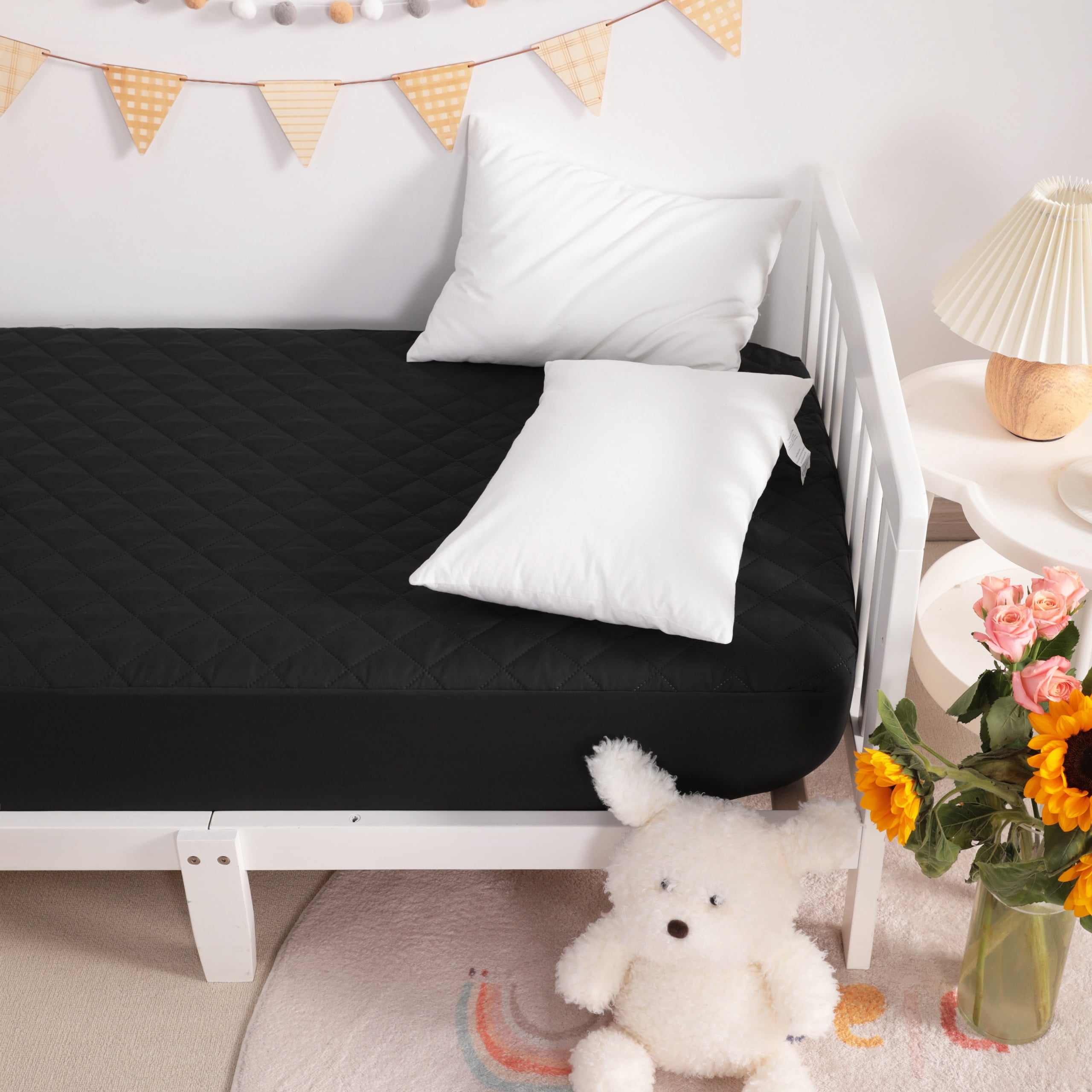 Super Soft and Quilted Toddler Waterproof Fitted Sheets Set of 2, Machine Washable Crib Mattress Protectors with Deep Pocket, Toddler-Mini, 24 x 38 Inches, Black